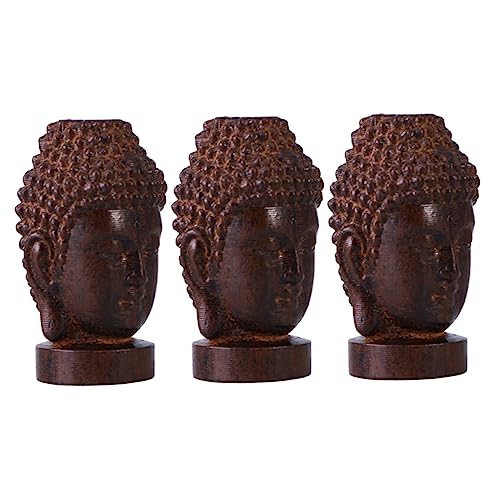 GREENADSCAPE 3St Buddha Kopf Holz Geschnitzte Ornamente Buddha-Statue im Freien Buddha-Kopf-Figur Sakyamuni Buddha Holzfigur Buddha Holzskulptur Sakyamuni-Statue aus Holz Buddha-Statue Handwerk von GREENADSCAPE