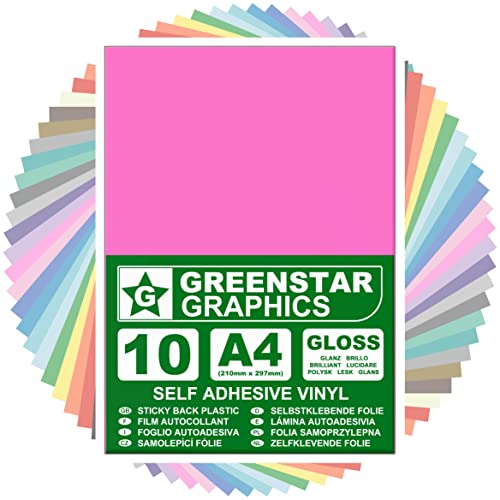 GREENSTAR GRAPHICS A4 VINYLFOLIE SELBSTKLEBENDEFOLIE (10 BLÄTTER) Bastelfolie, Plotterfolie, Dekorfolie, Kunsthandwerk, Hobbys und Aufkleber, Kompatibel mit Schneideplotter (ROSA GLÄNZENDE A4) von GREENSTAR GRAPHICS