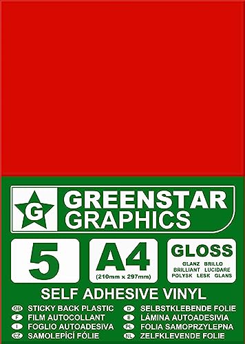 GREENSTAR GRAPHICS® A4 Selbstklebende Vinylfolie, selbstklebend, für 30,5 cm Cricut, Silhouette Cameo, Curio, Portrait, Scan N Cut, Rot, glänzend, A4, 5 Blatt von GREENSTAR GRAPHICS