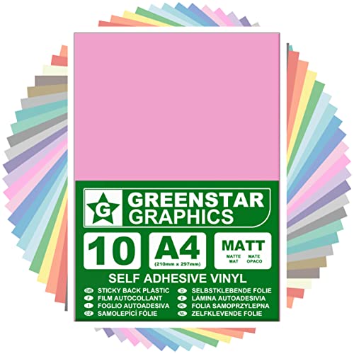 GREENSTAR GRAPHICS A4 VINYLFOLIE SELBSTKLEBENDEFOLIE (10 BLÄTTER) Bastelfolie, Plotterfolie, Dekorfolie, Kunsthandwerk, Hobbys und Aufkleber, Kompatibel mit Schneideplotter (HELLROSA MATT A4) von GREENSTAR GRAPHICS