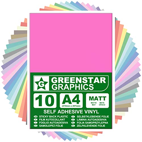 GREENSTAR GRAPHICS A4 VINYLFOLIE SELBSTKLEBENDEFOLIE (10 BLÄTTER) Bastelfolie, Plotterfolie, Dekorfolie, Kunsthandwerk, Hobbys und Aufkleber, Kompatibel mit Schneideplotter (ROSA MATT A4) von GREENSTAR GRAPHICS