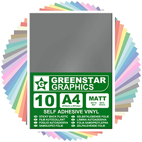 GREENSTAR GRAPHICS A4 VINYLFOLIE SELBSTKLEBENDEFOLIE (10 BLÄTTER) Bastelfolie, Plotterfolie, Dekorfolie, Kunsthandwerk, Hobbys und Aufkleber, Kompatibel mit Schneideplotter (SILBER MATT A4) von GREENSTAR GRAPHICS