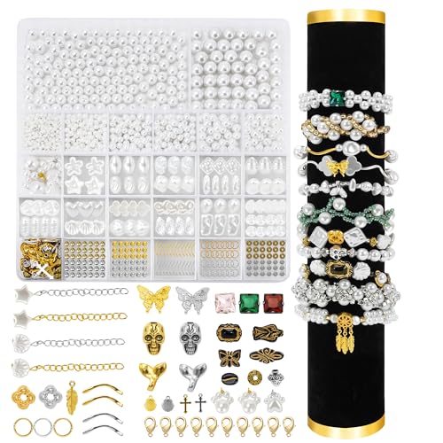 GREFIYAS Weiße Perlen set zum auffädeln,3/4/5/6/8/10mm Geformte Kunstperlen,Goldene und Silber ,Schmuck perlen erwachsene,armband set selber machen von GREFIYAS