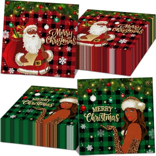 40 Stück Weihnachtspapierservietten, Büffelkariert, Weihnachten, Schwarz, Weihnachtsmann, Papierservietten, afrikanische amerikanische Frohe Weihnachten, Einweg-Papierservietten für Winterferien, von GREHUMOR