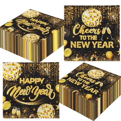 40 Stück schwarz gold Happy New Year Servietten Cheers To The New Year Cocktail Getränkeservietten Happy New Year Einweg-Papierserviette Happy New Year für Zuhause Neujahr Party Dekorationen 2025 von GREHUMOR