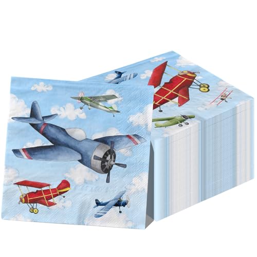 GREHUMOR 40 stücke Flugzeug Party Dekorationen Flugzeug Party Serviette Liefert Hubschrauber Blauer Himmel Weiß Thema Einweg Papier Serviette Für Kinder Geburtstag Tisch Dekorationen Gefälligkeiten von GREHUMOR