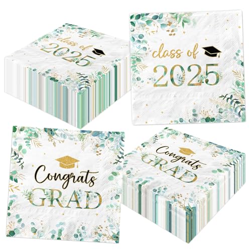 Greenery Graduationsservietten 2025, Congrats Grade Class of 2025, Party-Dekorationen, salbeigrün Blätter, Schulabschluss, Einweg-Papierservietten für College, Abschluss, Tischbedarf, 50 Stück von GREHUMOR