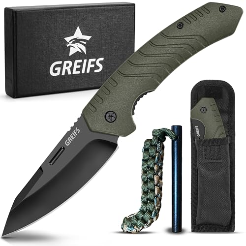 GREIFS® Klappmesser G1 (Zweihandmesser) Messer mit Tasche, Outdoor & Survival Taschenmesser, Überlebensmesser, Jagdmesser (G1+Feuerstahl, OliveBlack) von GREIFS