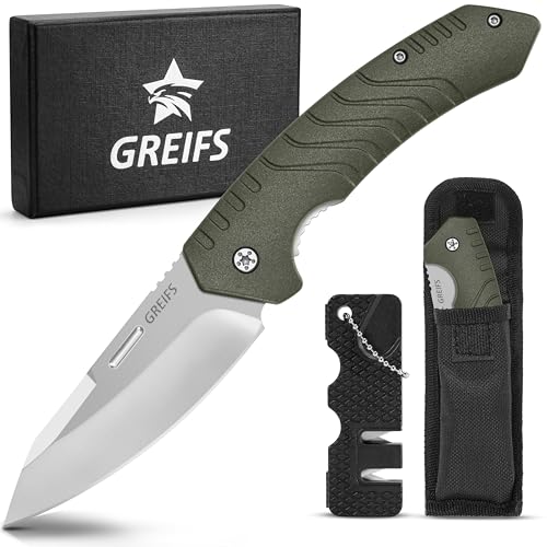 GREIFS® Klappmesser G1 (Zweihandmesser) mit Messerschärfer und Tasche, EDC Messer Outdoor & Survival Taschenmesser, Überlebensmesser, Jagdmesser (OliveSilver) von GREIFS