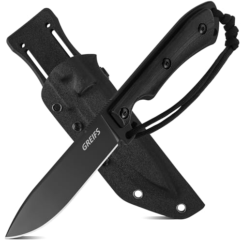 GREIFS® Outdoor-Messer Apex Flat aus D2 Stahl mit Kydex Holster, edles Survival Messer für die Bushcraft Ausrüstung, Jagdmesser, Schnitzmesser, Fahrtenmesser (schwarz) von GREIFS