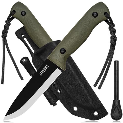 GREIFS® Outdoor-Messer BUSHMASTER aus D2 Stahl mit Kydex Holster und Feuerstahl, top Survival Messer für die Bushcraft Ausrüstung, Jagdmesser, Schnitzmesser und Fahrtenmesser (Schwarz-Grün) von GREIFS