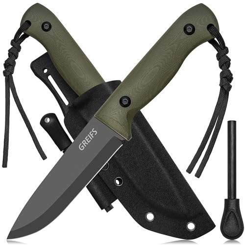 GREIFS® Outdoor-Messer aus D2 Stahl mit Kydex Holster und Feuerstahl, edles Survival Messer für die Bushcraft Ausrüstung, Jagdmesser, Schnitzmesser, Fahrtenmesser (BushMaster/Silber-Grün) von GREIFS