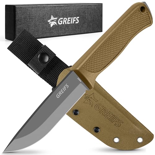 GREIFS® Outdoor-Messer G-Serie aus 440C Stahl mit Holster & Dangler, edles Survival Messer für die Bushcraft Ausrüstung, Jagdmesser, Schnitzmesser, Fahrtenmesser (G5/Sand) von GREIFS