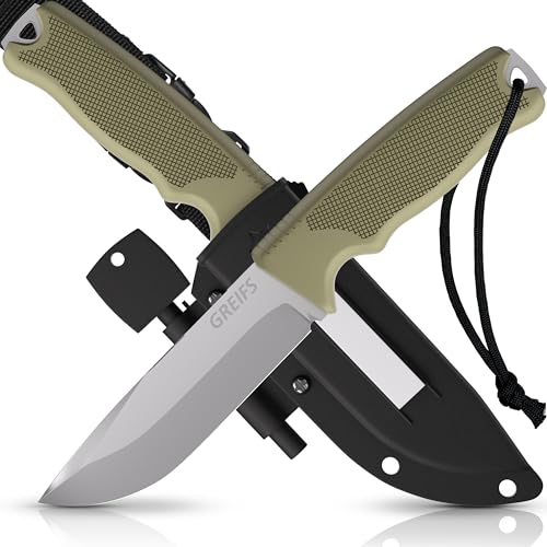 GREIFS® Outdoor-Messer G7 aus 440C Stahl mit Holster und Feuerstahl, edles Survival Messer für die Bushcraft Ausrüstung, Jagdmesser, Schnitzmesser, Fahrtenmesser (Silber-Grün) von GREIFS