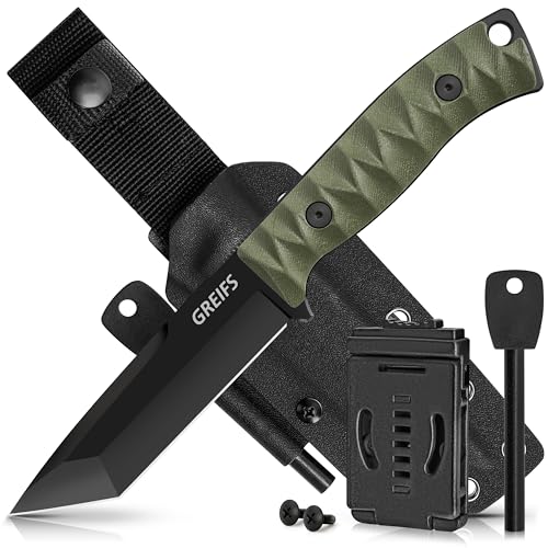 GREIFS® Outdoor-Messer Ranger-Tanto aus D2 Stahl mit Kydex Holster, edles Survival Messer für die Bushcraft Ausrüstung, Jagdmesser, Schnitzmesser, Fahrtenmesser (grün) von GREIFS