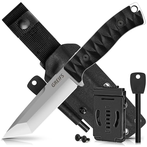 GREIFS® Outdoor-Messer Ranger-Tanto aus D2 Stahl mit Kydex Holster, edles Survival Messer für die Bushcraft Ausrüstung, Jagdmesser, Schnitzmesser, Fahrtenmesser (silber) von GREIFS