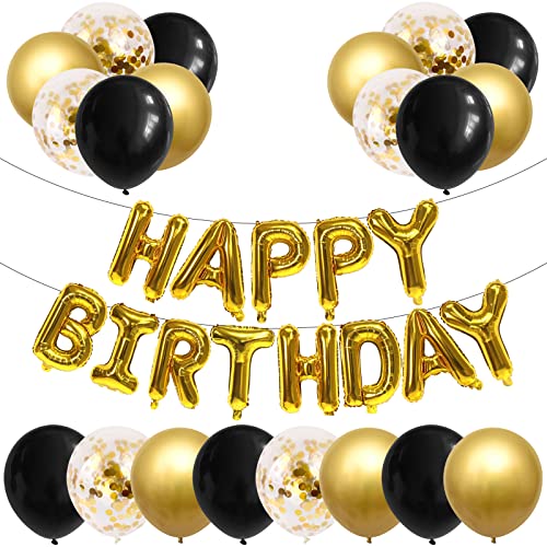 Geburtstagsdeko Rot Luftballons, Happy Birthday & Schwarz Gold Luftballons 20PCS, Gold Konfetti Luftballon und 40CM Folienballons Banner Party Dekoration für Jungen Mädchen Frauen Männer Geburtstag von GREMAG