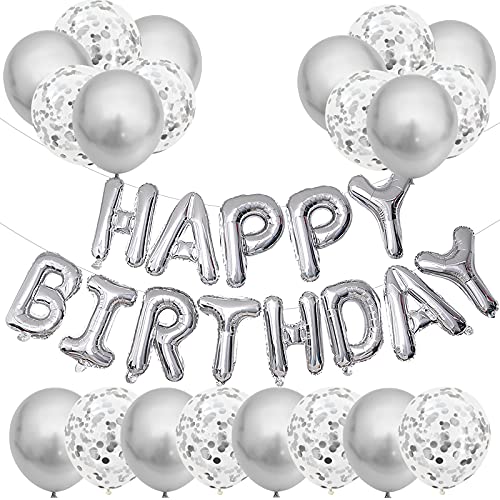 Happy Birthday Banner, silberne Ballon Dekoration, 20 Stück Luftballons enthalten silberne Latexballons x10, Konfetti Ballons x10 und 40cm Happy Birthday Folienballons, für Jungen und Mädchen Party von GREMAG