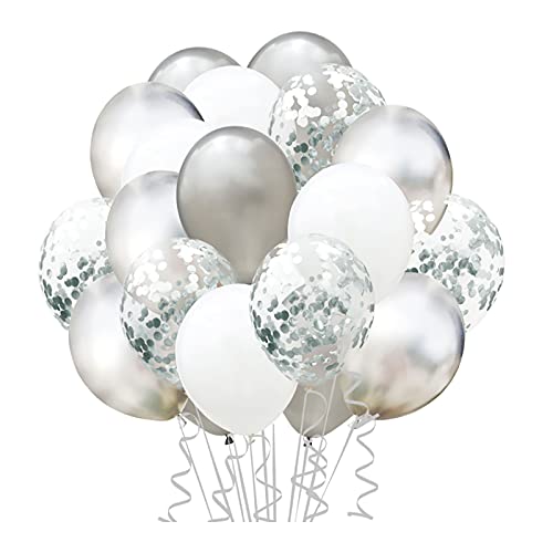 GRESAHOM Silber Weiß Luftballons Set, 60 Stück 12 Zoll Luftballon Silber Konfetti & Silber Weiß Grau Latex Ballons mit Bändern, Party Dekoration für Hochzeit Geburtstag Babyparty Graduierung Deko von GRESAHOM