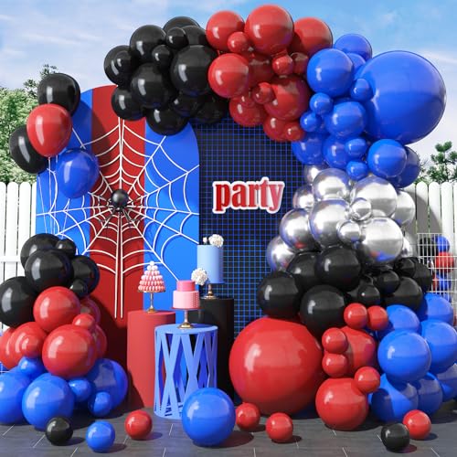 Spinnen Held Deko Ballon Girlande Set, 108 Stück Rot Blau Schwarz Metallic Silber Latex Luftballon Girlande für Superhelden Superman Spinne Hintergrund Baby Jungen Geburtstag Party Dekoration von GRESAHOM