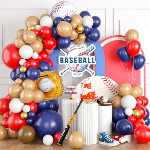 Ballon Girlande Rot Blau, Baseball Luftballon Girlande Navy Blau Rot Beige Apricot Nude mit Baseball Folienballons, Sport Luftballons für Kinder Babyparty Geburtstag Party Deko von GRESATEK