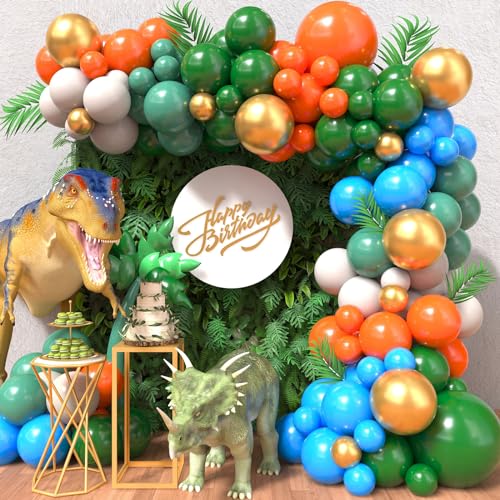 Dinosaur Luftballon Girlande Dschungel Safari, Thema Dinosaurier Luftballons Dunkelgrün Orange Blau Weiß Gold, Jungle Safari Luftballon Girlande Dekoration für Wild One Geburtstag Baby Shower Hochzeit von GRESATEK