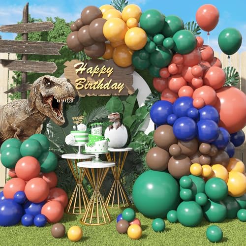 Dinosaur Luftballon Girlande Dschungel Safari, Thema Dinosaurier Luftballons Dunkelgrün Retro Orange Gelb Braun Navy Blau, Jungle Safari Luftballon Dekoration für Wild One Geburtstags Baby Shower von GRESATEK