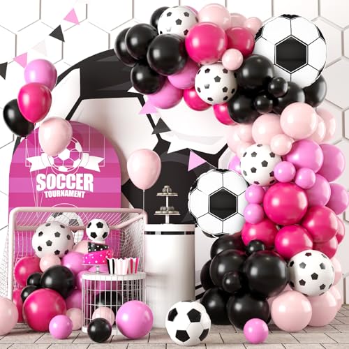 Fussball Luftballon Girlande, Schwarz Rosa Hot Pinke Ballon mit 4D Fußball Folienballons,Fussball Deko Geburtstag Mädchen, Rosa Luftballon Girlande for Fussball Geburtstag Party Dekoration von GRESATEK