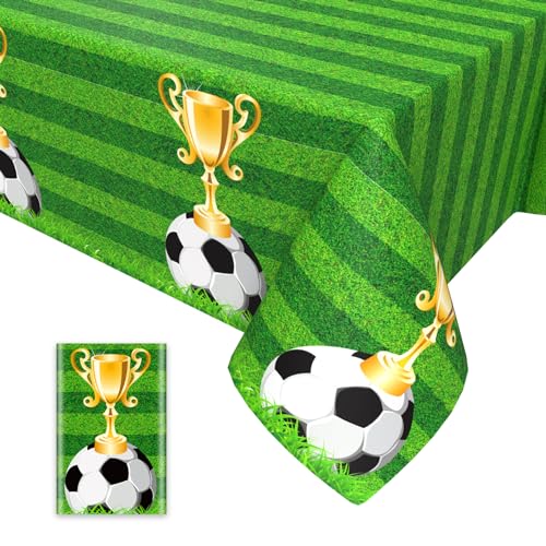 Fußball Tischdecke,Fußball Party Tischdecken Soccer Trophäe Tischdecke Einweg Plastik Wasserdicht Tischdecke für Fußball Events Party Dekorationen 137x274cm von GRESATEK