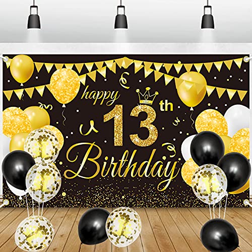 GRESATEK 13. Geburtstag Deko Banner Hintergrund, Schwarz Gold Geburtstagsdeko Happy Birthday Banner Mit 10 Stück Ballons Party Dekorationen für Jungen Mädchen 13. Geburtstagsfeier von GRESATEK