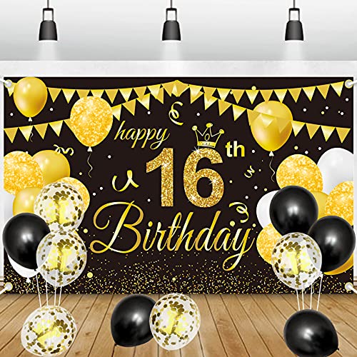 GRESATEK 16. Geburtstag Deko Banner Hintergrund, Schwarz Gold Geburtstagsdeko Happy Birthday Banner Mit 10 Stück Ballons Party Dekorationen für Jungen Mädchen 16. Geburtstagsfeier von GRESATEK