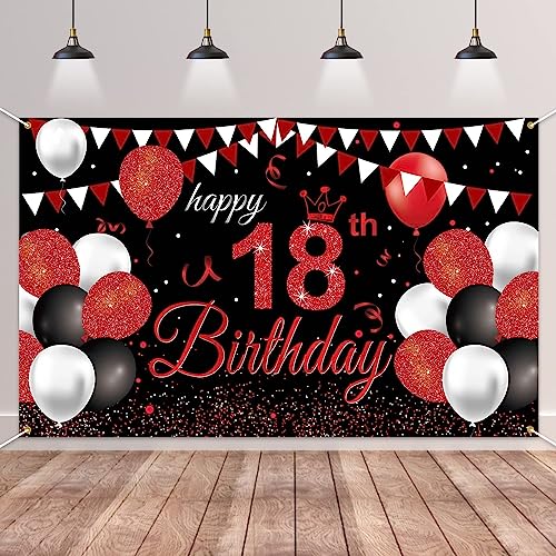 18. Geburtstagsfeier Deko Banner Hintergrund, Rot Schwarz Geburtstagsdeko Happy Birthday Banner Party Dekorationen für Frauen Mann 18. Geburtstag von GRESATEK