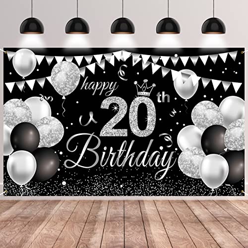 GRESATEK 20. Geburtstag Deko, 20. Happy Birthday Banner für Jungen Mädchen Schwarz Silber 20 Geburtstag Hintergrund Banner Party Dekoration für Jubiläum Geburtstag Dekoration von GRESATEK