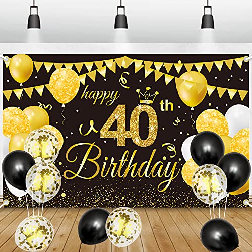 GRESATEK 40. Geburtstagsfeier Deko Banner Hintergrund, Schwarz Gold Geburtstagsdeko Happy Birthday Banner Mit 10Pcs Ballons Party Dekorationen für Frauen Mann 40. Geburtstag von GRESATEK