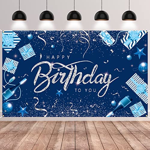 GRESATEK Blau Silber Happy Birthday Banner, Blau Geburtstag Banner Party Deko, Extra Großes Banner Drinnen und Draußen Poster Geburtstagsdeko Hintergrund von GRESATEK