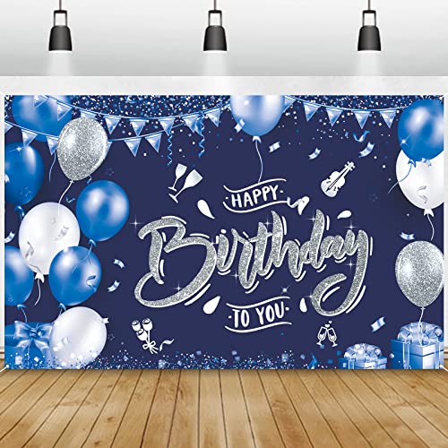 GRESATEK Blau Silber Happy Birthday Banner, Geburtstags Banner Party Hintergrund für Geburtstagsdeko, Extra Großes Banner Deko Drinnen und Draußen Poster für Mann und Frauen von GRESATEK