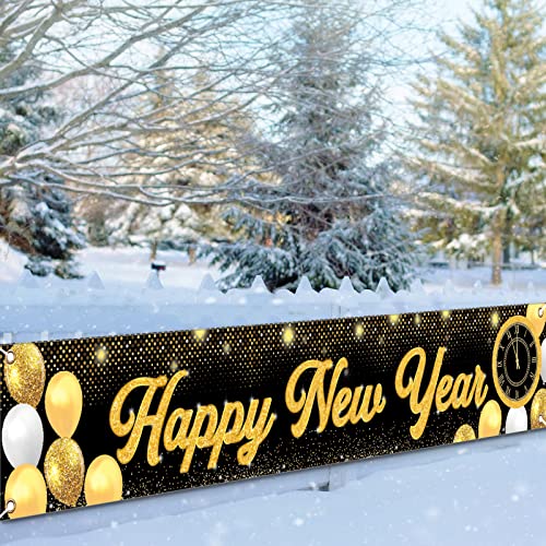 GRESATEK Silvester Deko 2024 Neujahrs Banner, 118 Zoll Super Lang Happy New Year Garten Banner, Schwarz Gold Frohes Neues Banner für 2024 Deko, Silvester Indoor Outdoor Dekoration von GRESATEK