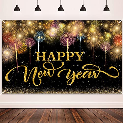 GRESATEK Silvester Deko Frohes Neues Jahr Banner, 2024 Happy New Year Schwarz Gold Hintergrund Banner Deko, Silvester Indoor Outdoor Hintergrund Party Dekoration von GRESATEK