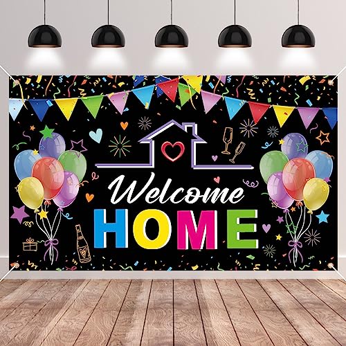 GRESATEK Welcome Home Hintergrund Banner, Willkommen Zuhause Banner Girlande Schwarz Dekorationen für Heimkehr, Familie, Rückkehr Familienfeiern Party Deko 185 * 110cm von GRESATEK