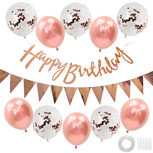 Geburtstag Dekoration Set,Rose Gold Happy Birthday Banner Set mit Rose Gold Luftballons Konfetti Ballons Dreiecksflaggen Girlanden für Geburtstag Deko Party Supplies von GRESATEK