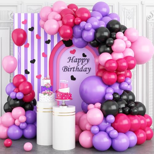 Hot Rosa Lila Schwarz Luftballons Girlande, Lila Rosa Schwarz Geburtstagsdeko Luftballons für Cartoon Thema Kinder Geburtstag, Mädchen Geburtstag Hochzeit Brautparty von GRESATEK