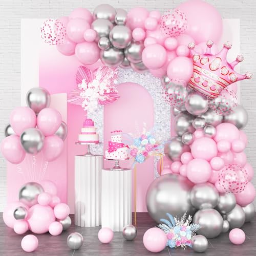 Luftballon Girlande Rosa, Hellrosa Metallic Silber Latex Party Ballons mit Rosa Krone Folienballon, Rosa Silber Luftballons Set für Mädchen Geburtstag Babyparty Hochzeit Valentinstag Party Deko von GRESATEK