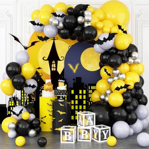 Schwarz Gelb Luftballons Girlanden, Schläger Superhelden Geburtstag Party Ballons, Gelb Schwarz Silber Latex Ballons mit Schläger Sticker für Junge Babyparty Mann Schläger Themen Superhelden Dekor von GRESATEK