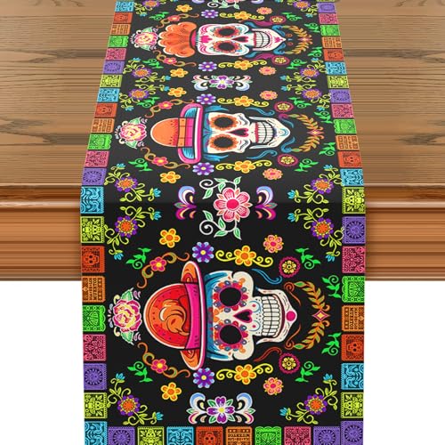 Tag der Toten Tischläufer, Totenköpfe Mexiko Tischläufer Tischdeko, Dia De Los Muertos Deko Tischwäsche, Halloween Esstisch Tischdekoration Drinnen und Draußen Party Tischdecke, 35x183cm von GRESATEK