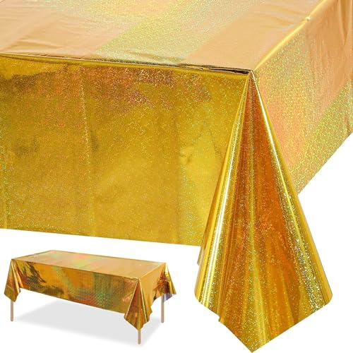 Tischdecke Geburtstag,Gold Party Tischtuch Wasserdicht Plastik Tischdecke für Kinder Jungen Babyparty Party Dekorationen 137 x 274cm von GRESATEK