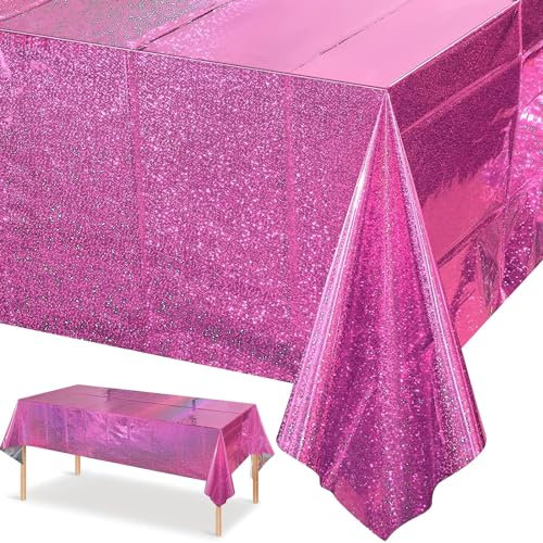 Tischdecke Geburtstag,Hot Pinke Party Tischtuch Wasserdicht Plastik Tischdecke Rosa Folientischdecke für Kinder Geburtstag Hochzeit Verlobung Picknick Party Dekoration 137 x 274cm von GRESATEK