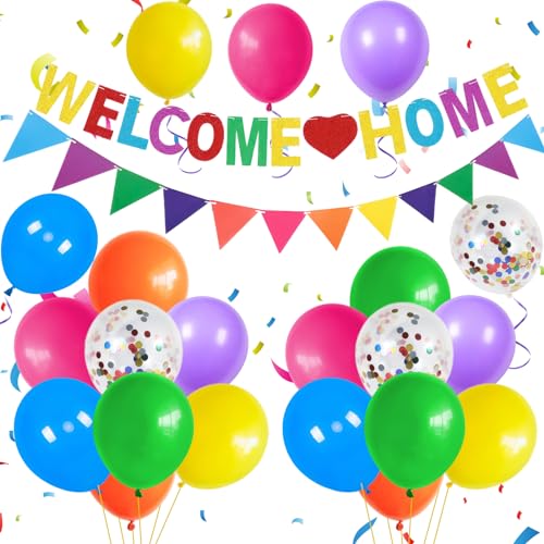 Willkommen Zuhause Deko,Girlande Willkommen Zuhause Banner Set mit Bunt Luftballons,Konfetti-Luftballons,Welcome Home Banner,Wimpelkette für Babyshowerparty,Geburt,Fest Dekorations von GRESATEK