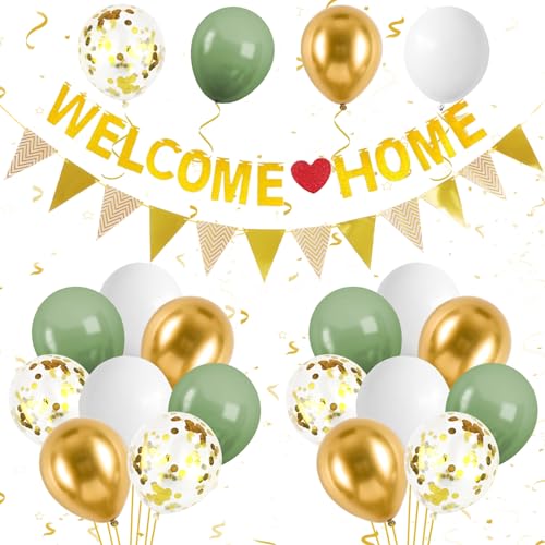 Willkommen Zuhause Deko,Girlande Willkommen Zuhause Banner Set mit Grün Gold Luftballons,Konfetti-Luftballons,Welcome Home Banner,Wimpelkette für Babyshowerparty,Geburt,Fest Dekorations von GRESATEK