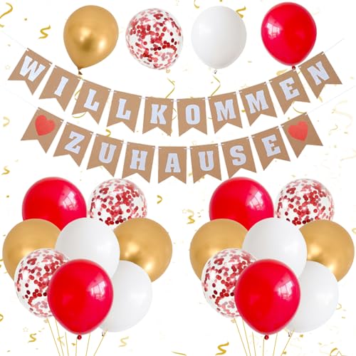 Willkommen Zuhause Deko,Girlande Willkommen Zuhause Banner Set mit Rot Weiß Gold Luftballons,Konfetti Luftballons,Welcome Home Banner,Wimpelkette für Babyshowerparty,Geburt,Fest Dekorations von GRESATEK