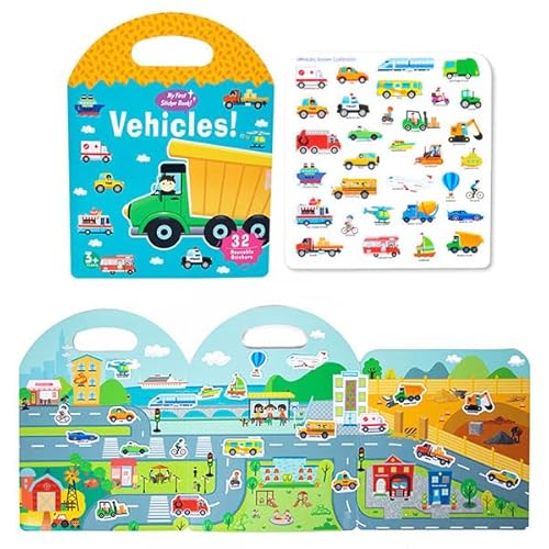 Wiederverwendbares Stickerbuch – Halten Sie Kinder von Geräten fern, 3 Sets Reiseaufkleber für Kinder, Sticker-Sammelbuchalbum, wasserdichte Stickerbücher für Kleinkinder von 2–4 Jahren (Vehicles) von GRFFZX